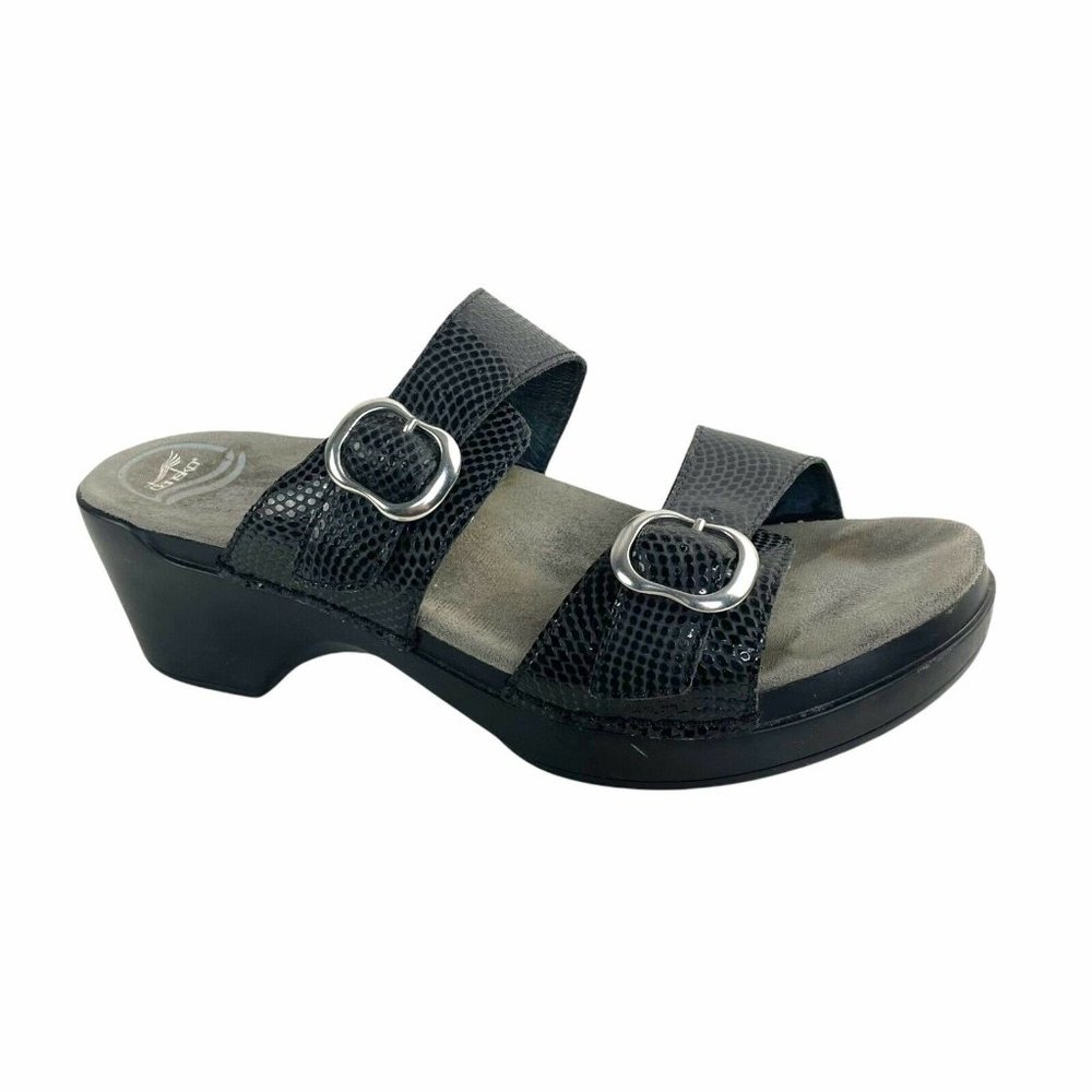 Dansko Black Leather Slip On Wedge Strappy Sandals 10.5/11 EU 41 Shimmer